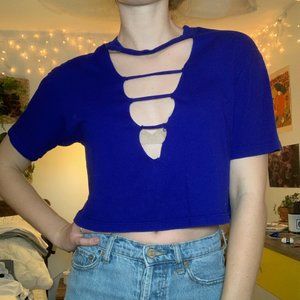 Blue V-Neck Distressed Croptop
